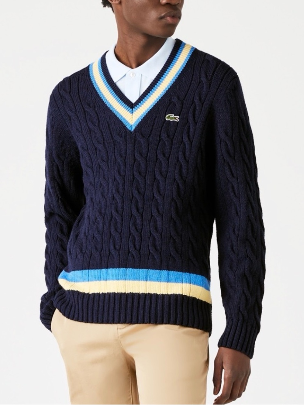 NWT Lacoste Classic Fit V-Neck Contrast Striped Wool Sweater Navy Cable Knit